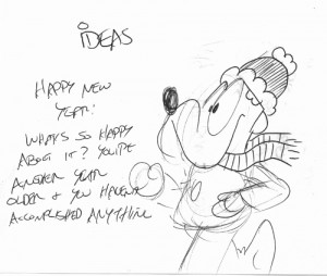 A doodle/sletch I created several years ago for a New year's Eve comic strip. it's been in my doodle pile for years. i still haven't used it, but yanever know.