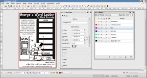 A screen shot of using Scribus to edit my feature "George's Word Ladder."