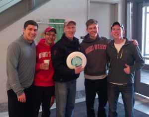 Weston and fellow OSU students with Alumnus and past Oval Frisbee tosser Mark Szorady (in the middle).  Click to enlarge.